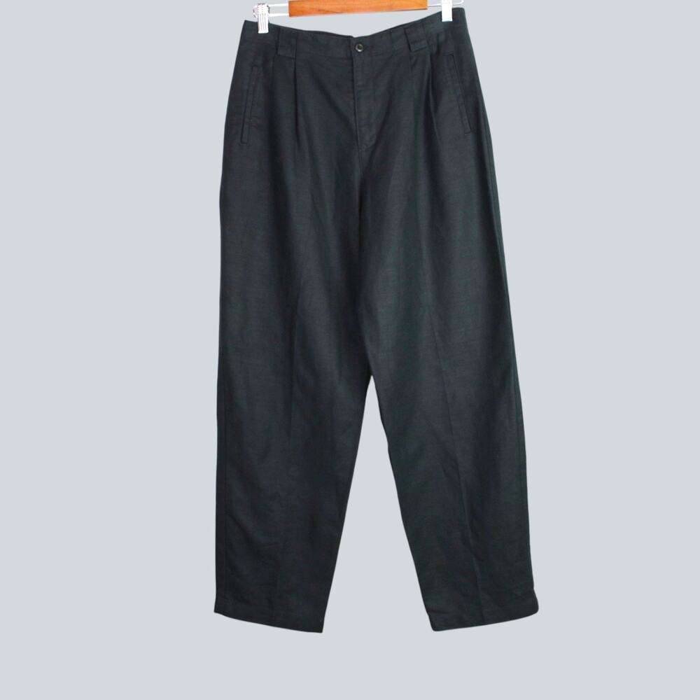LizSport 12 Petite Linen Trousers Womens Black Linen Blend Pleated Wide